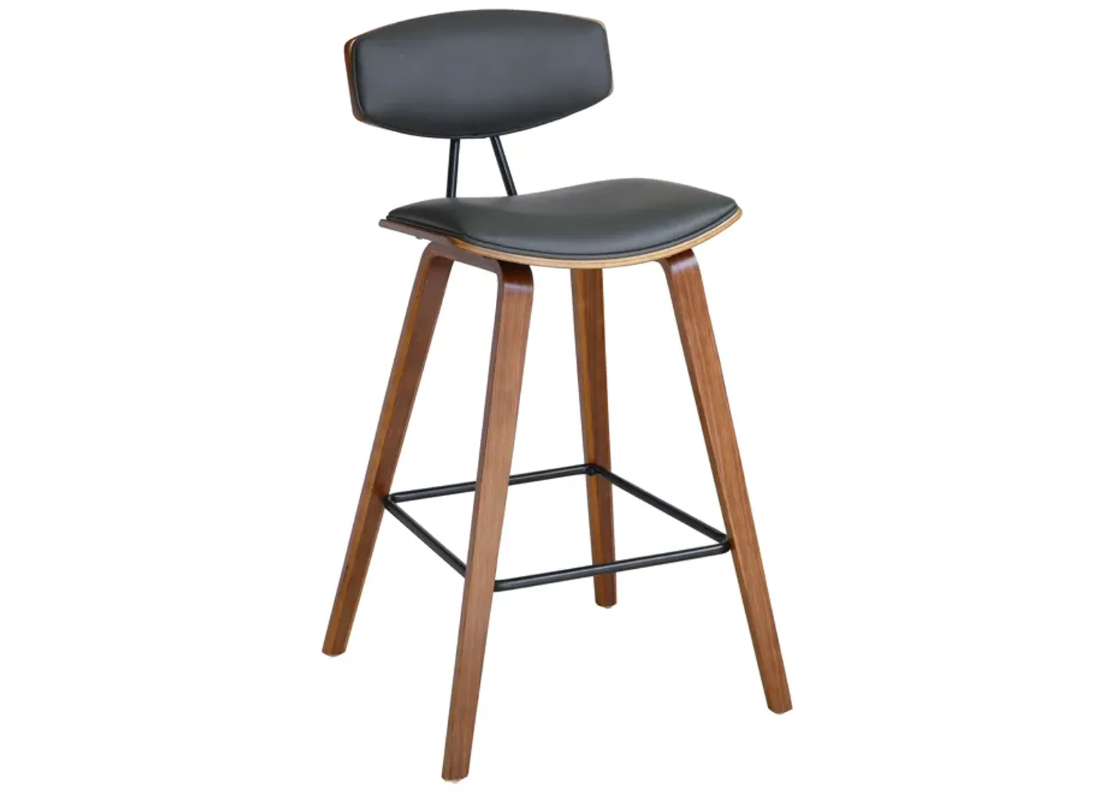 Fox 28.5" Bar Height Grey Faux Leather and Walnut Wood Mid-Century Modern Bar Stool