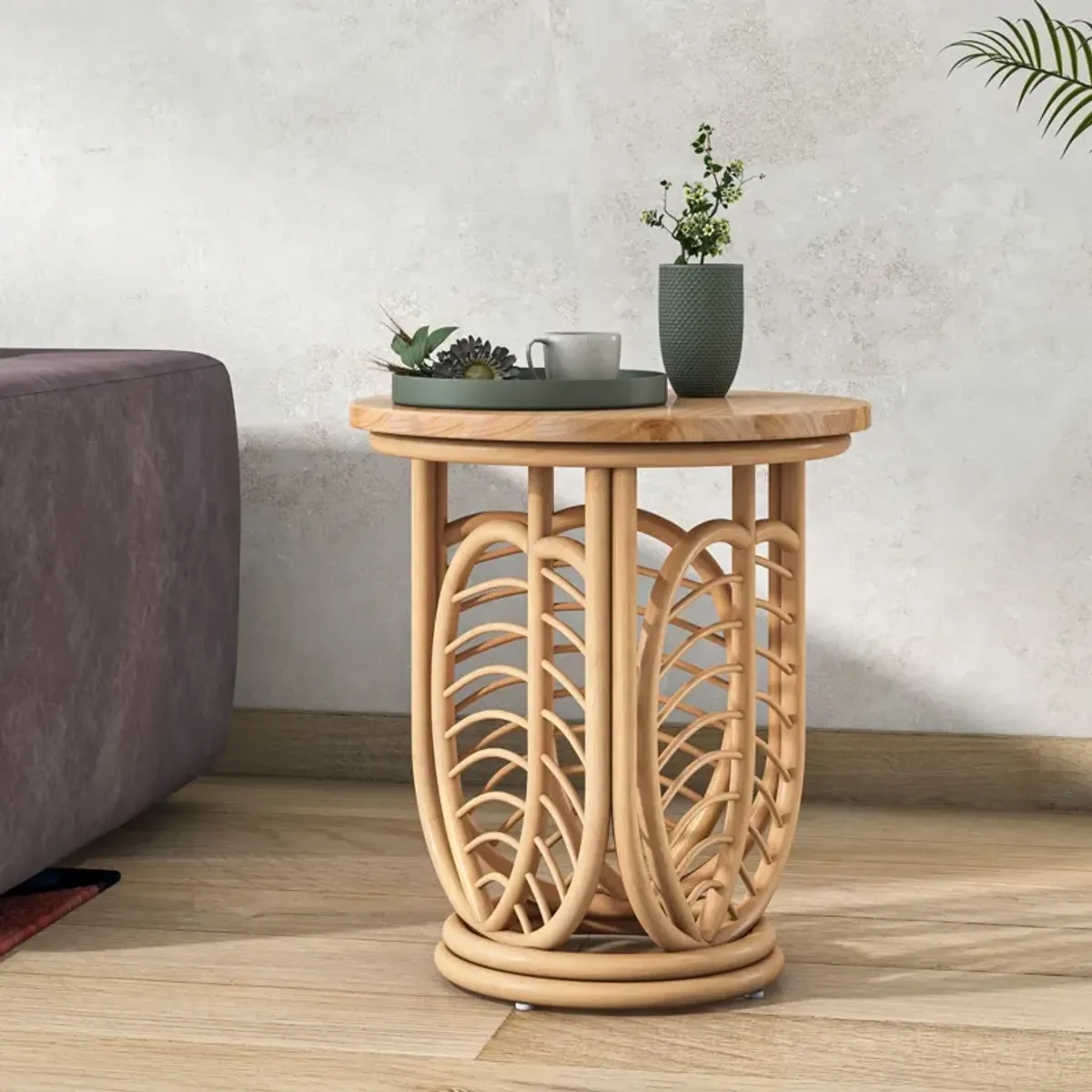 Ayra Rattan Side/End Table w/ Wood Top, Natural