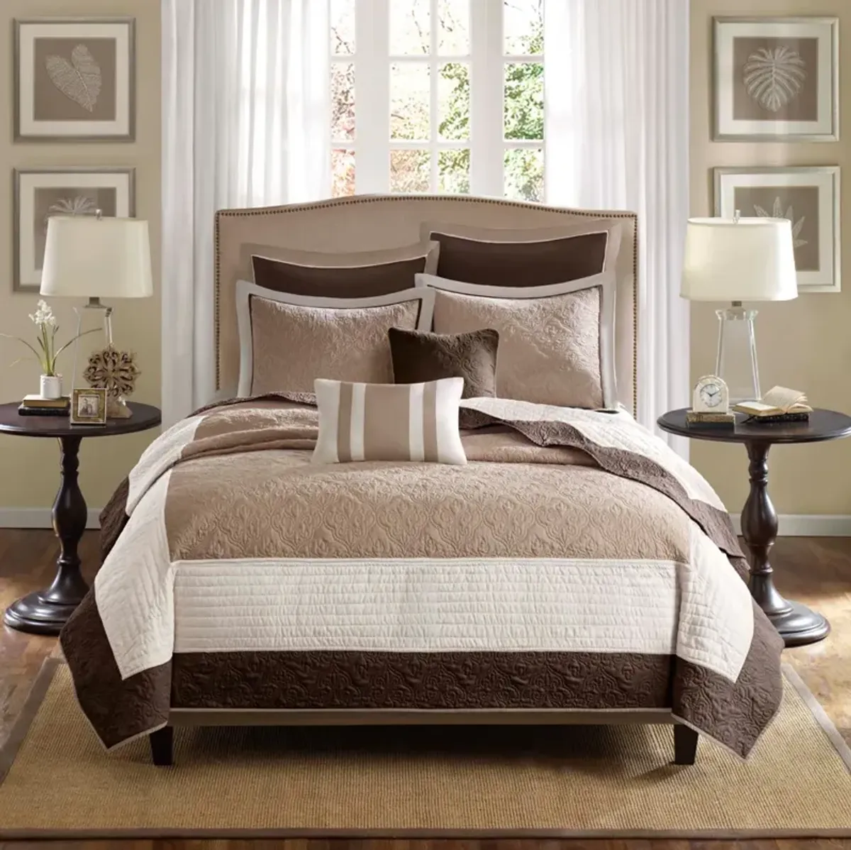 Madison Park Attingham Beige 7 Piece Quilt Set with Euro Shams and Throw Pillows