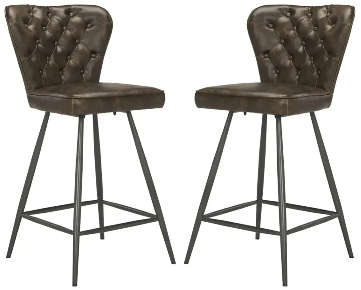 ASHBY 26"H MID CENTURY MODERN LEATHER TUFTED SWIVEL COUNTER STOOL  - Set of 2