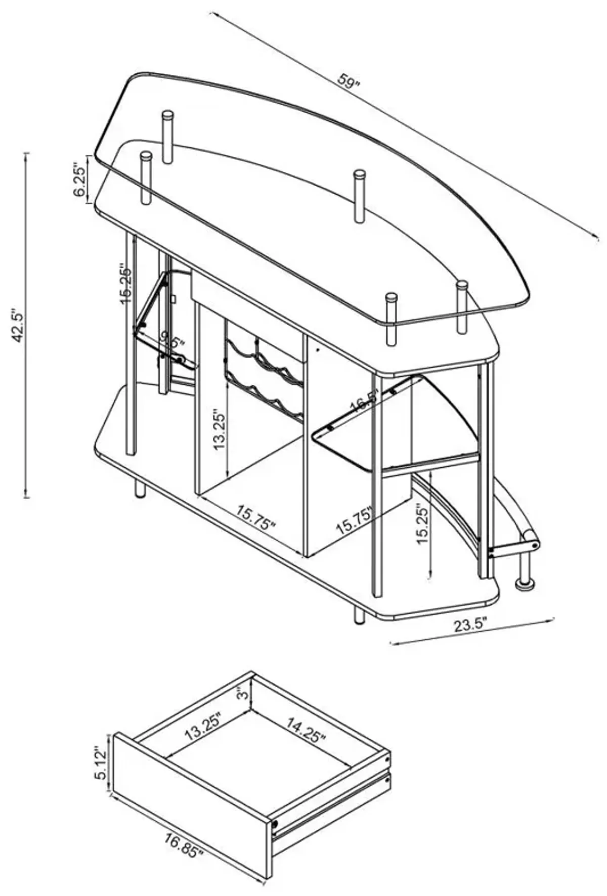 Gideon Crescent Shaped Glass Top Bar Unit with Drawer