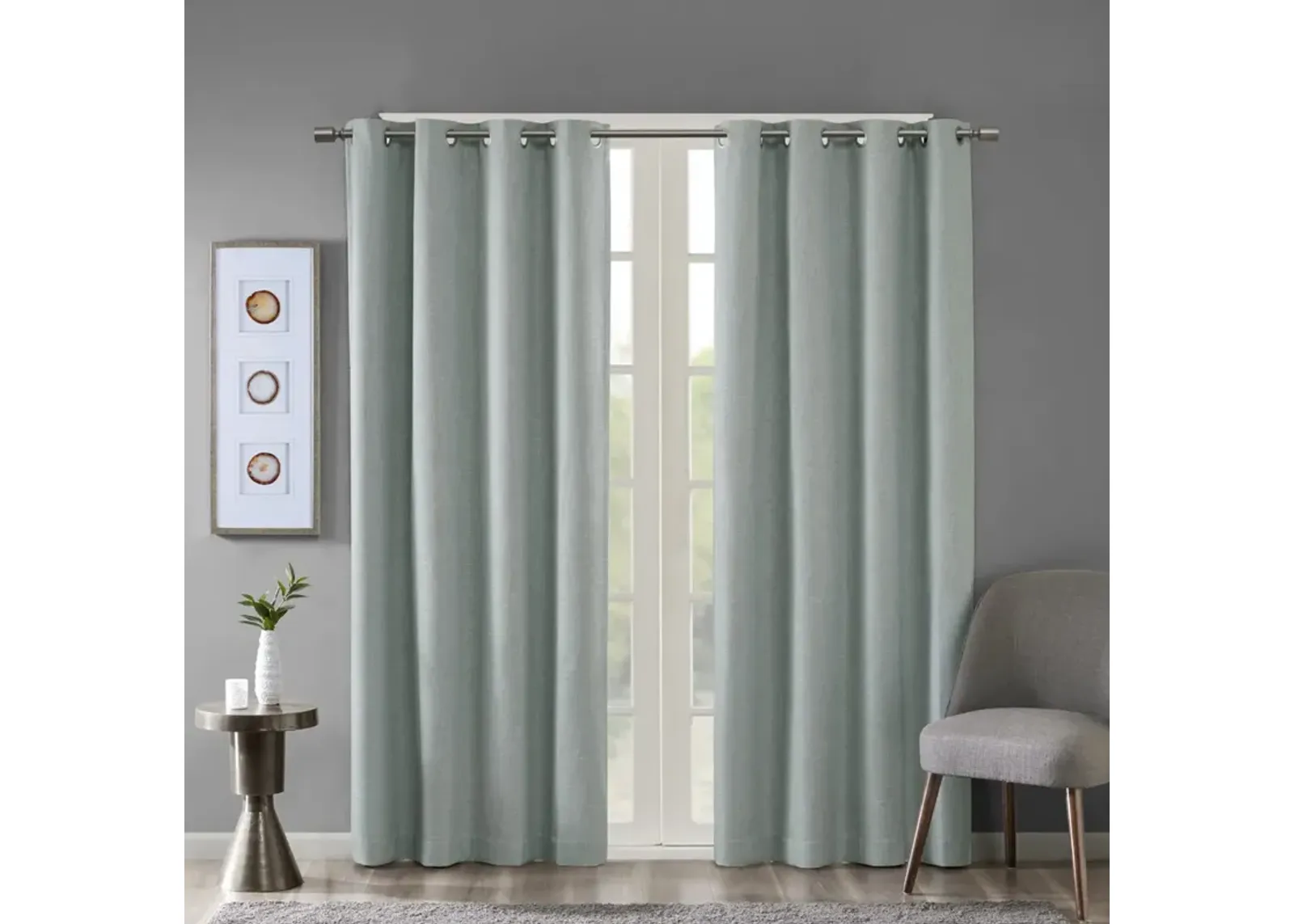 SunSmart Maya Dusty Seafoam Printed Heathered Blackout Grommet Top Curtain Panel