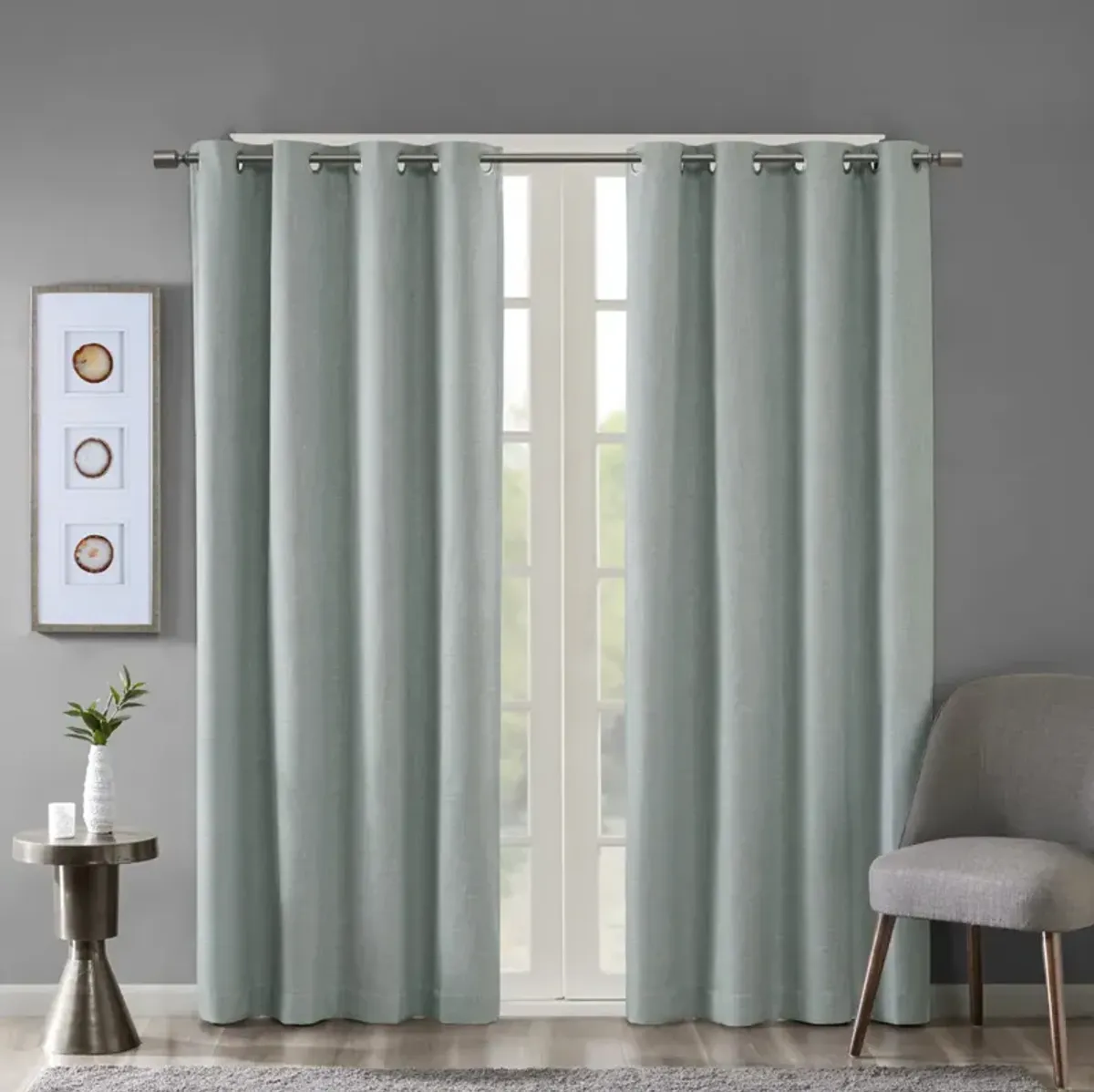 SunSmart Maya Dusty Seafoam Printed Heathered Blackout Grommet Top Curtain Panel