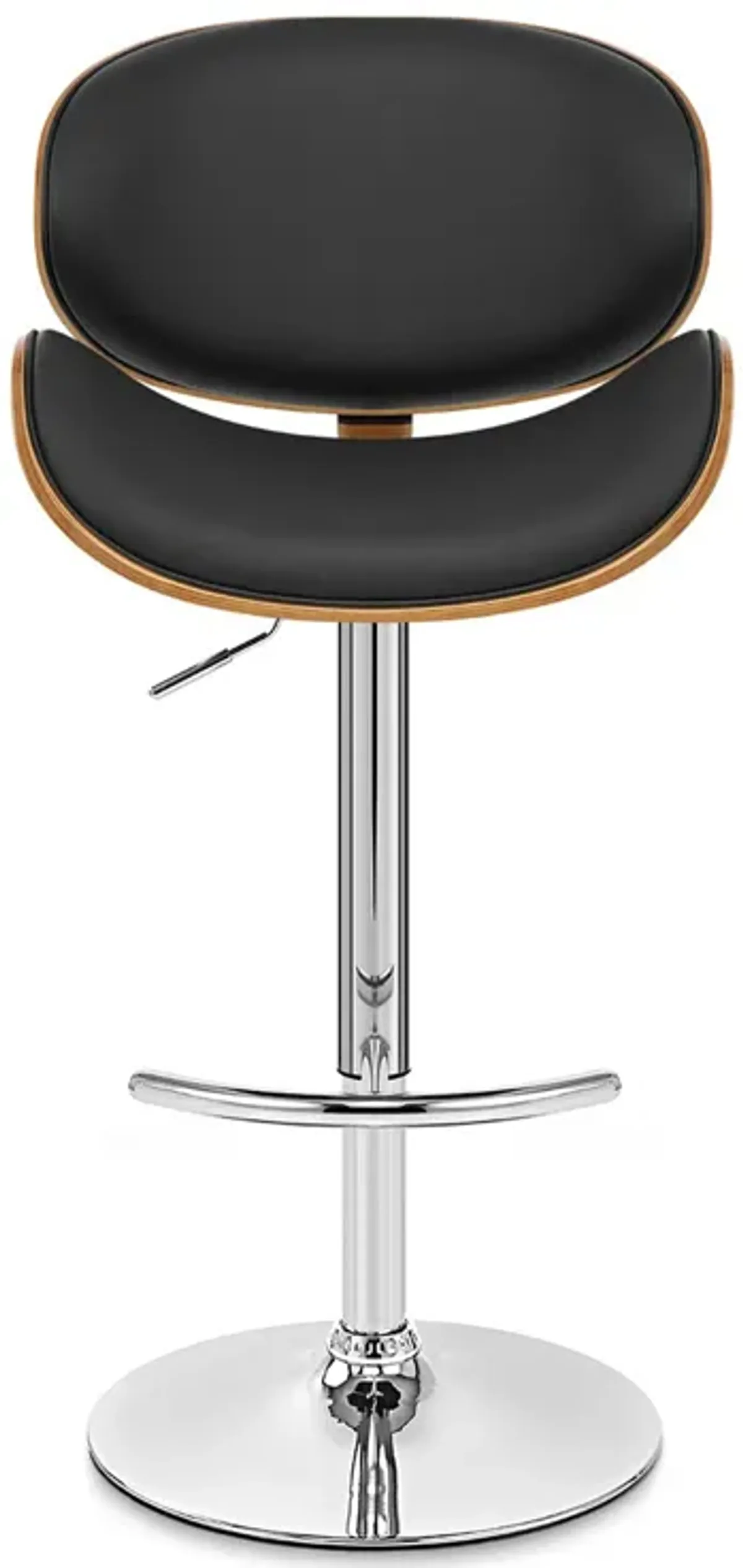 Naples Black Faux Leather Adjustable Height Swivel Walnut Wood and Chrome Base Bar Stool