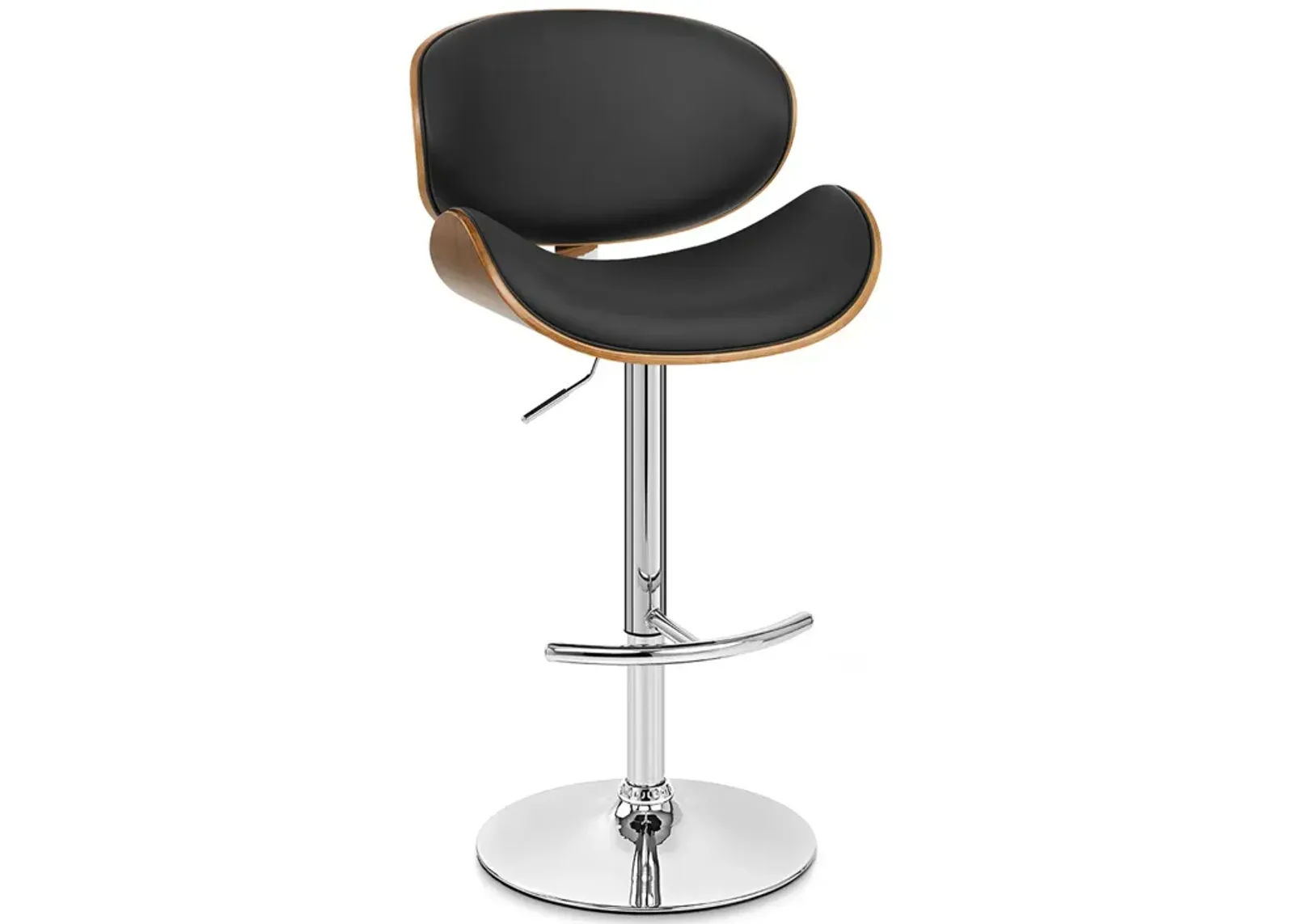 Naples Black Faux Leather Adjustable Height Swivel Walnut Wood and Chrome Base Bar Stool