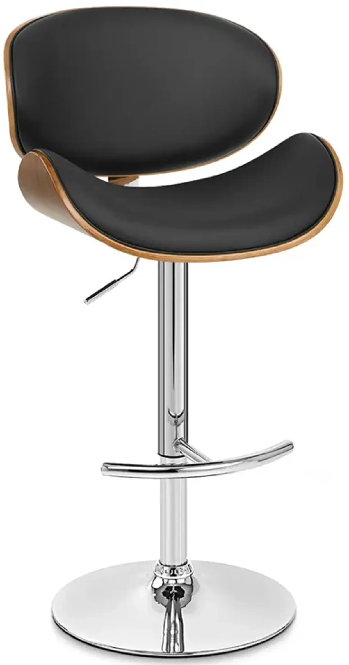 Naples Black Faux Leather Adjustable Height Swivel Walnut Wood and Chrome Base Bar Stool