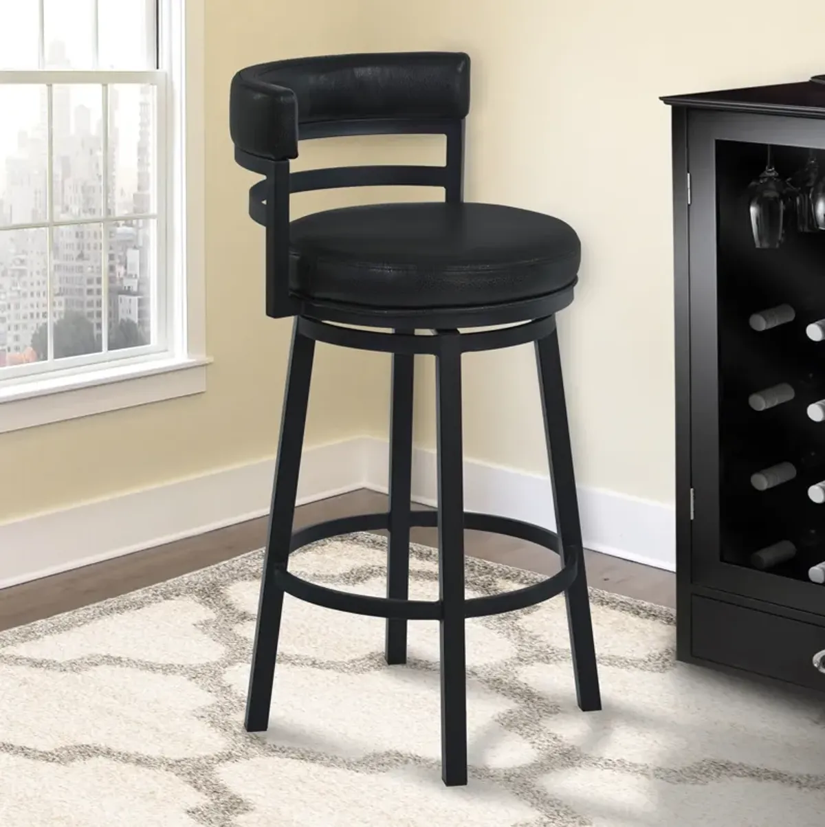 Titana 30" Bar Height Metal Swivel Barstool in Ford Black Pu and Black Finish