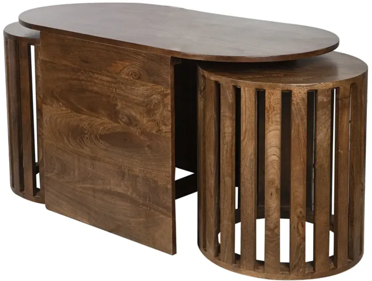 Wood, S/3 18x20/43x22" Table & Stool Set, Brown