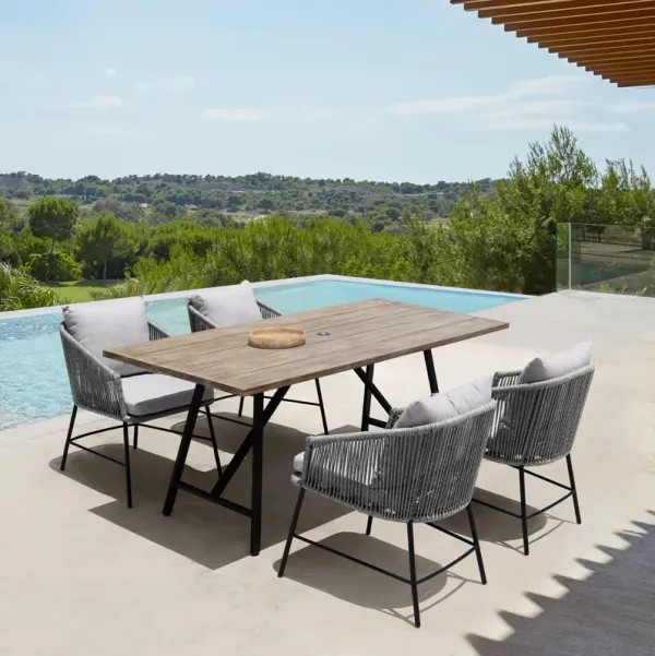 Koala and Calica 5 Piece Dining Set in Light Eucalyptus and Metal with Gray Rope