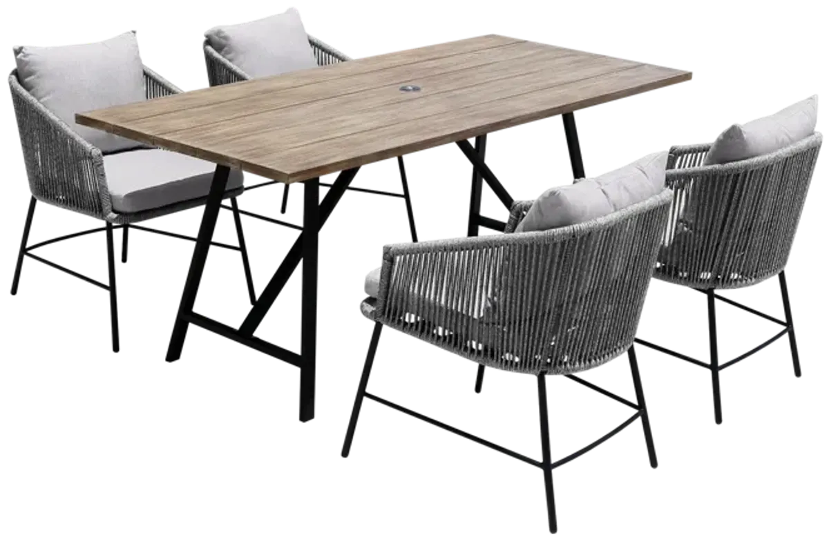 Koala and Calica 5 Piece Dining Set in Light Eucalyptus and Metal with Gray Rope