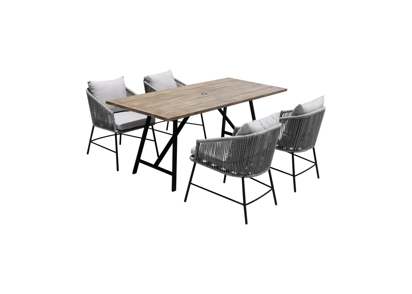 Koala and Calica 5 Piece Dining Set in Light Eucalyptus and Metal with Gray Rope