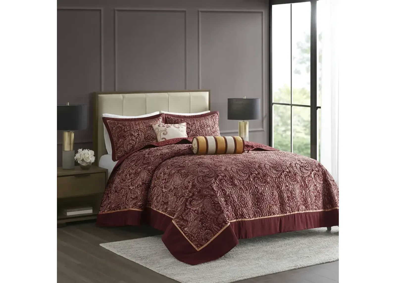 Madison Park Aubrey Burgundy 5 Piece Jacquard Bedspread Set with Throw Pillows