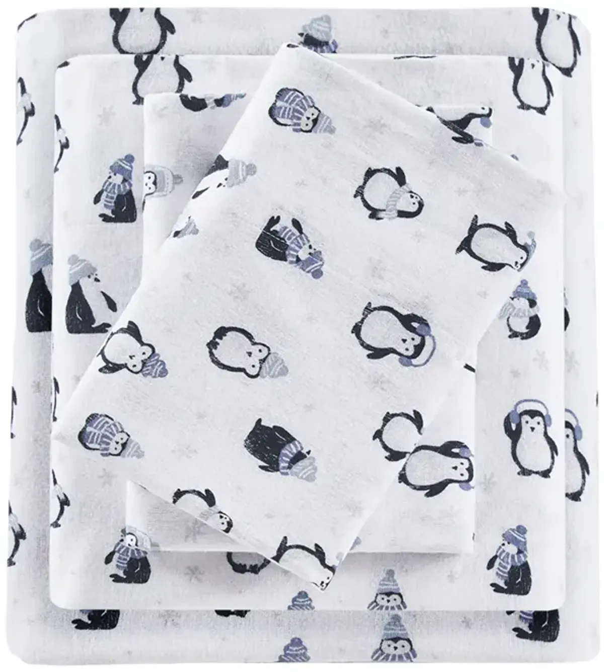 Intelligent Design Cozy Soft Blue Penguins Cotton Flannel Printed Sheet Set