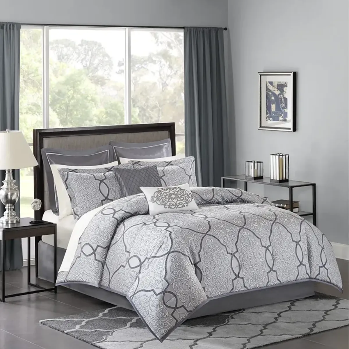 Madison Park Lavine Silver 12 Piece Comforter Set with Cotton Bed Sheets