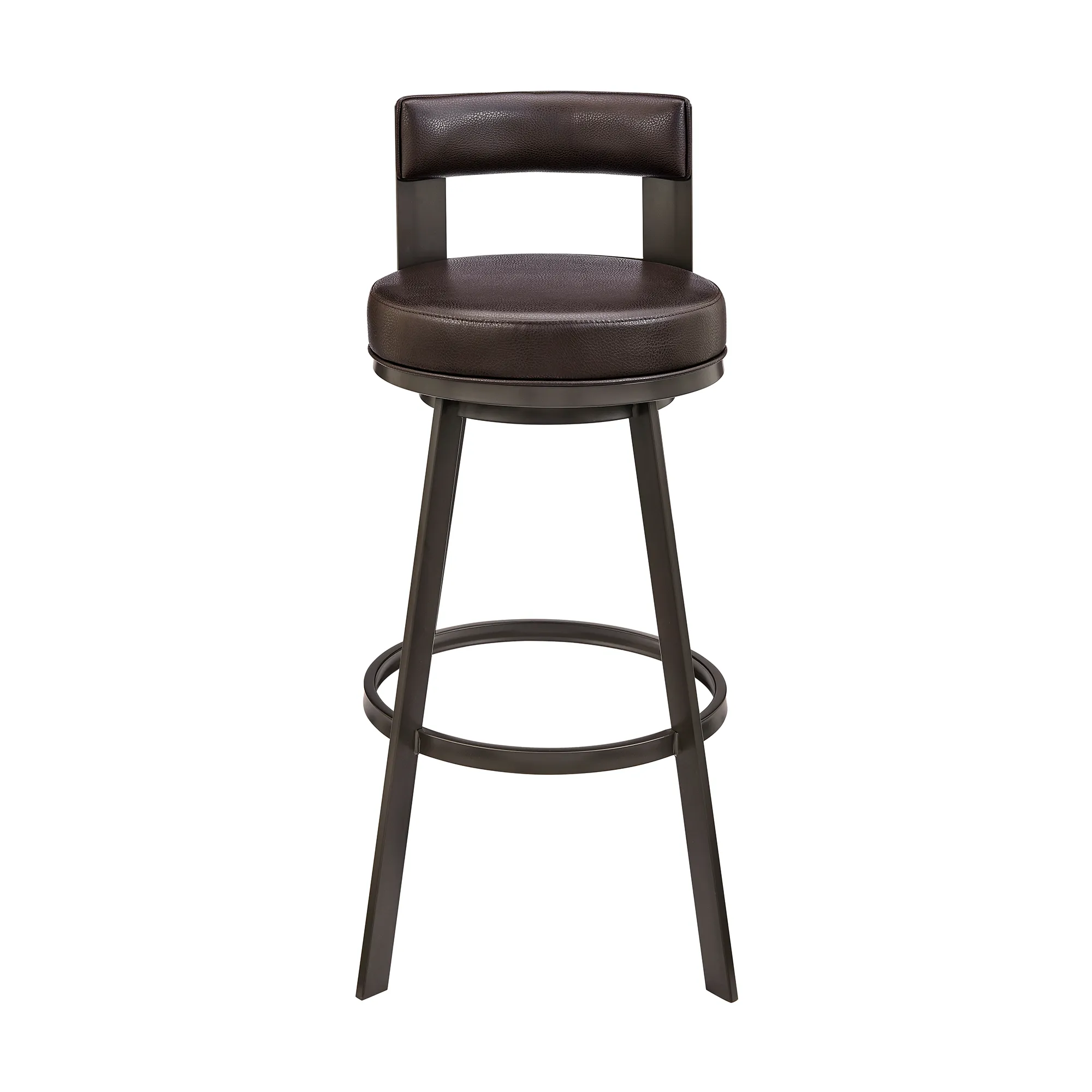 Lynof Swivel Bar Stool in Brown Metal with Brown Faux Leather