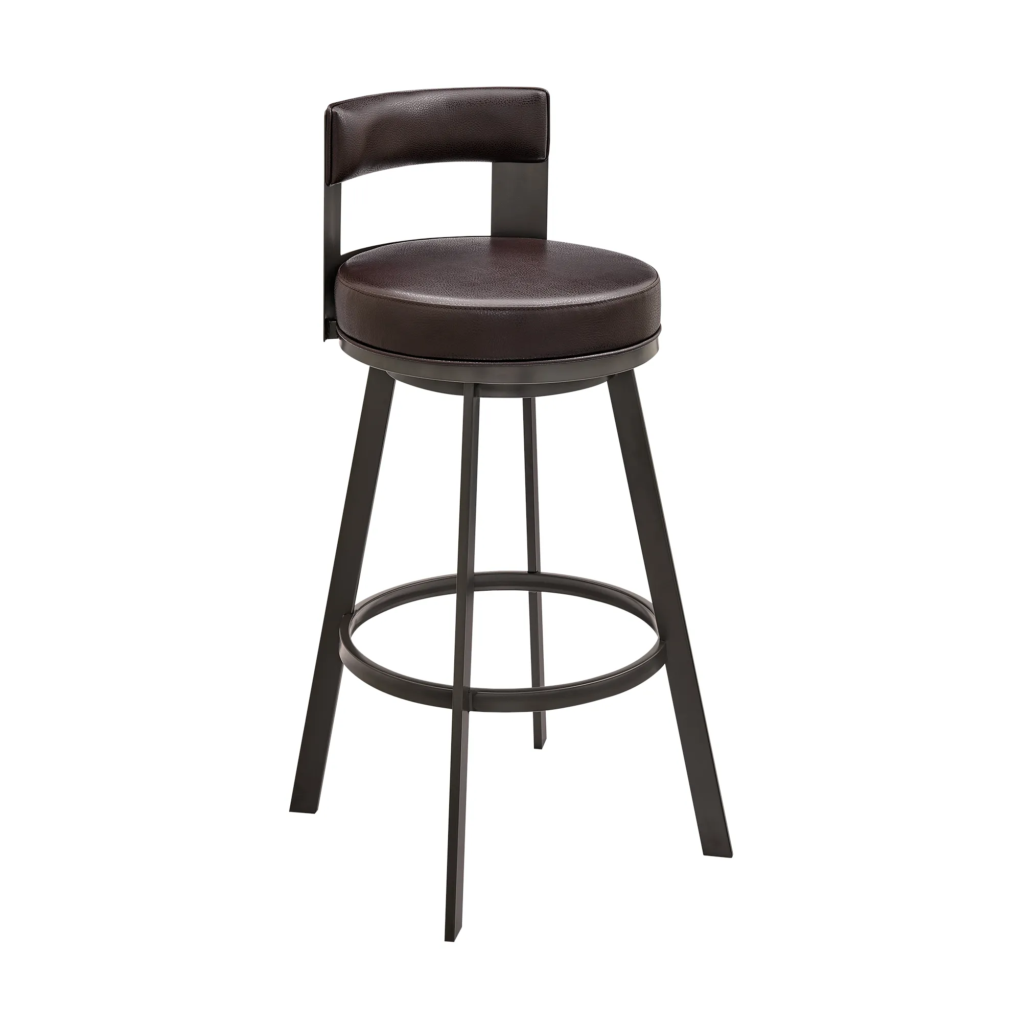 Lynof Swivel Bar Stool in Brown Metal with Brown Faux Leather