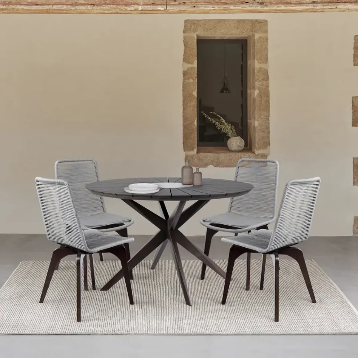 Sachi and Island Outdoor 5 Piece Dark Eucalyptus and Concrete Dining Set