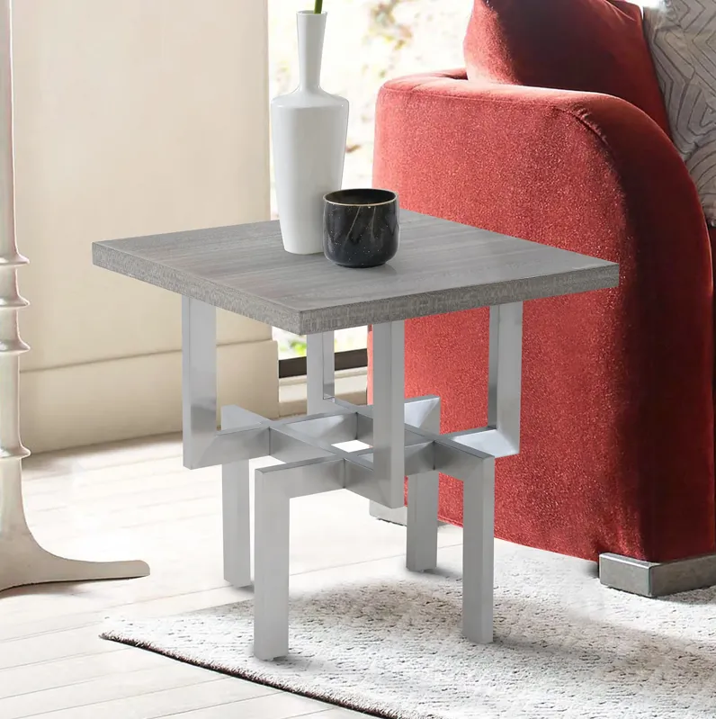 Illusion Gray Wood End Table with Brushed Stainless Steel Base