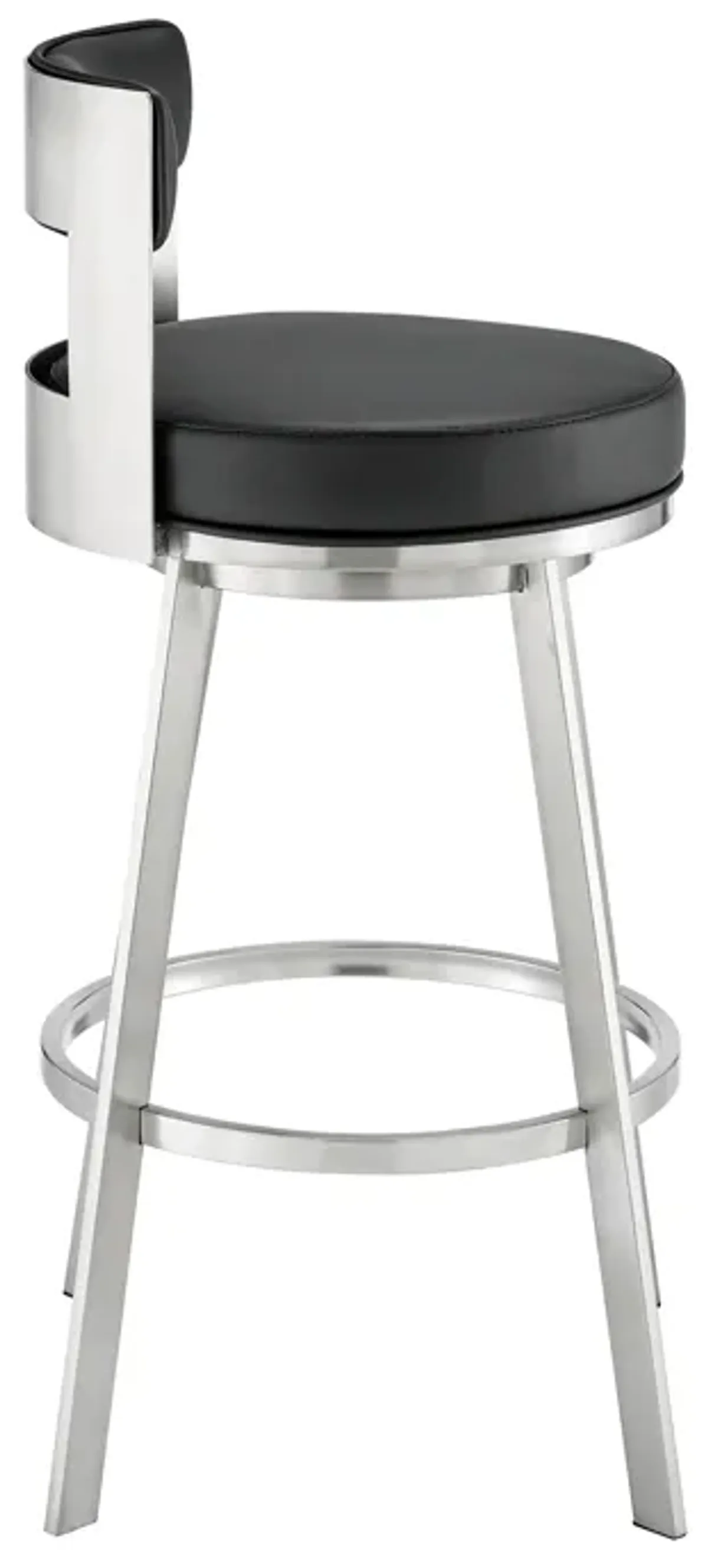 Flynn 26" Swivel Counter Stool in Brushed Stainless Steel with Black Faux Leather