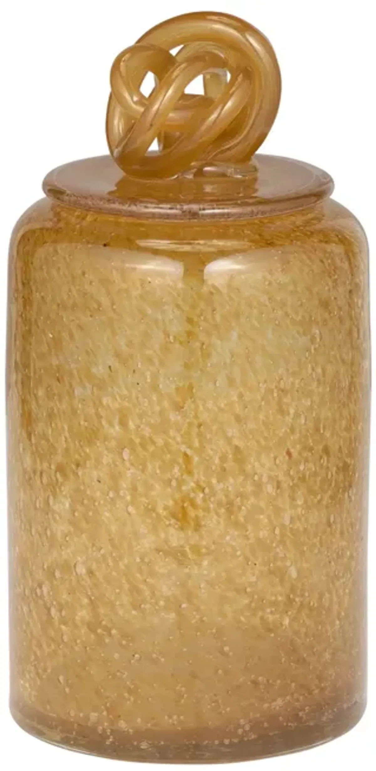 Glass, 10" Jar W/ Knot Lid Amber Bubble