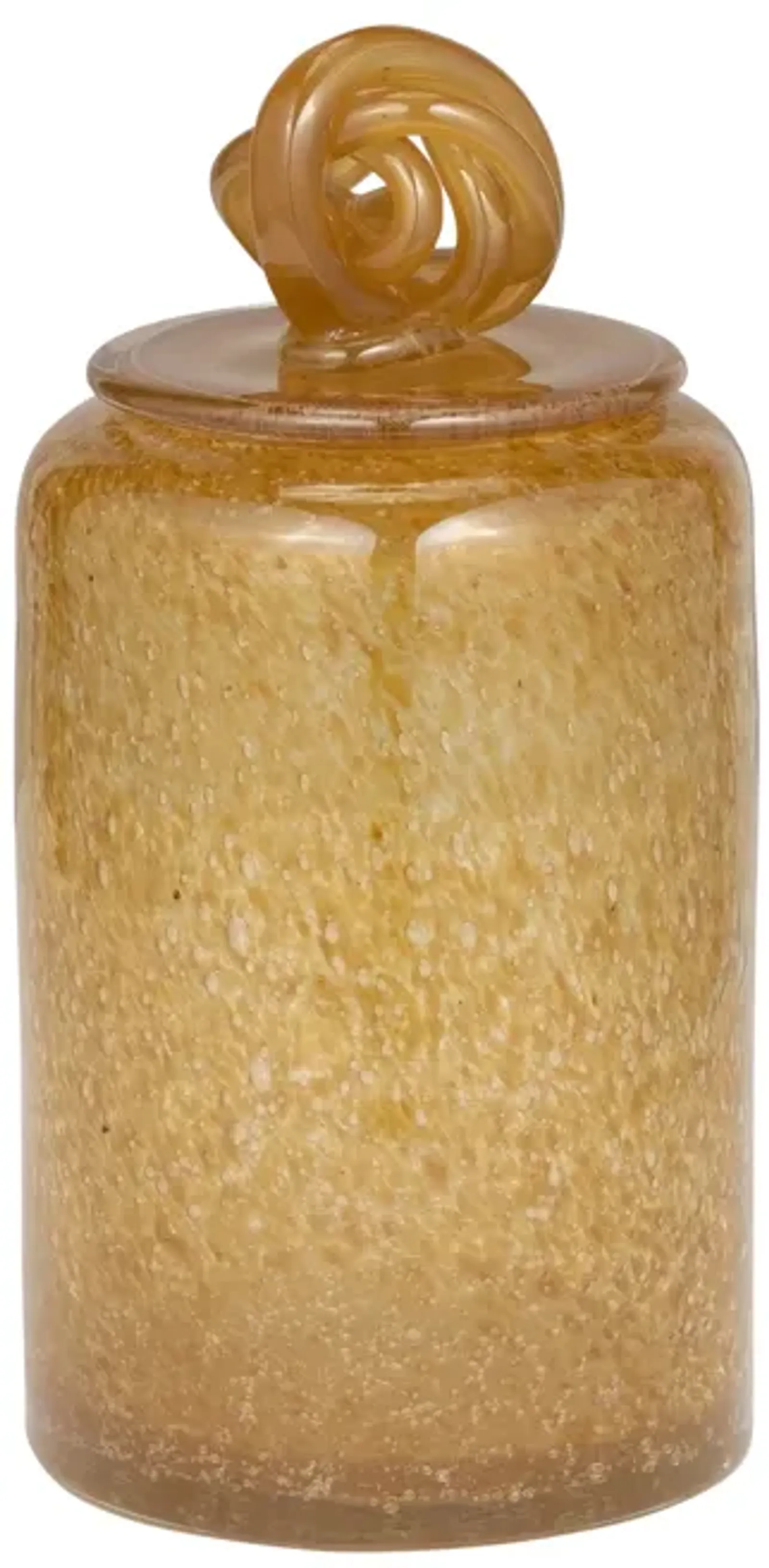 Glass, 10" Jar W/ Knot Lid Amber Bubble