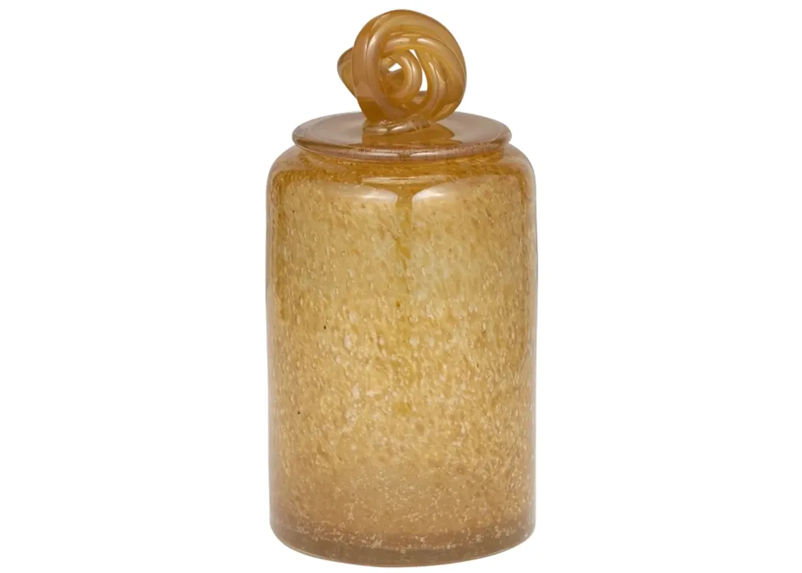 Glass, 10" Jar W/ Knot Lid Amber Bubble