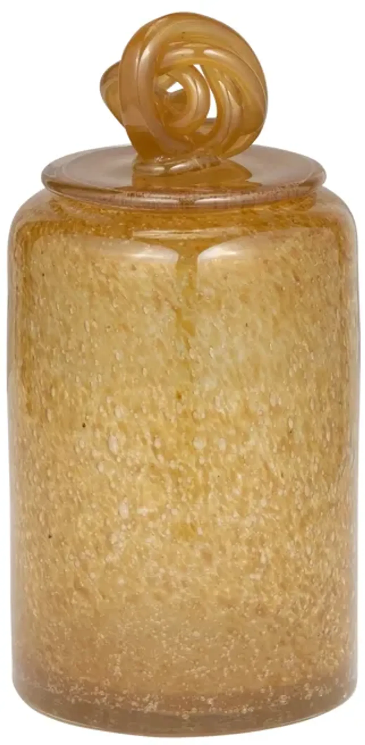 Glass, 10" Jar W/ Knot Lid Amber Bubble