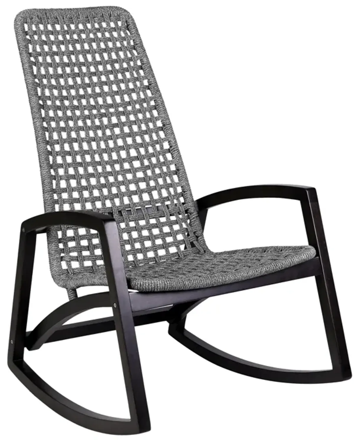 Sequoia Outdoor Patio Rocking Chair in Dark Eucalyptus Wood and Gray Rope