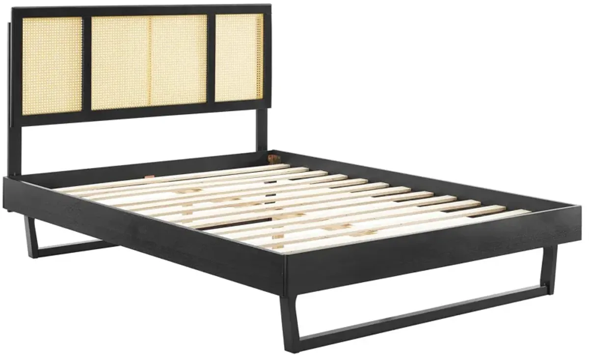 Kelsea Cane and Wood Full Platform Bed With Angular Legs