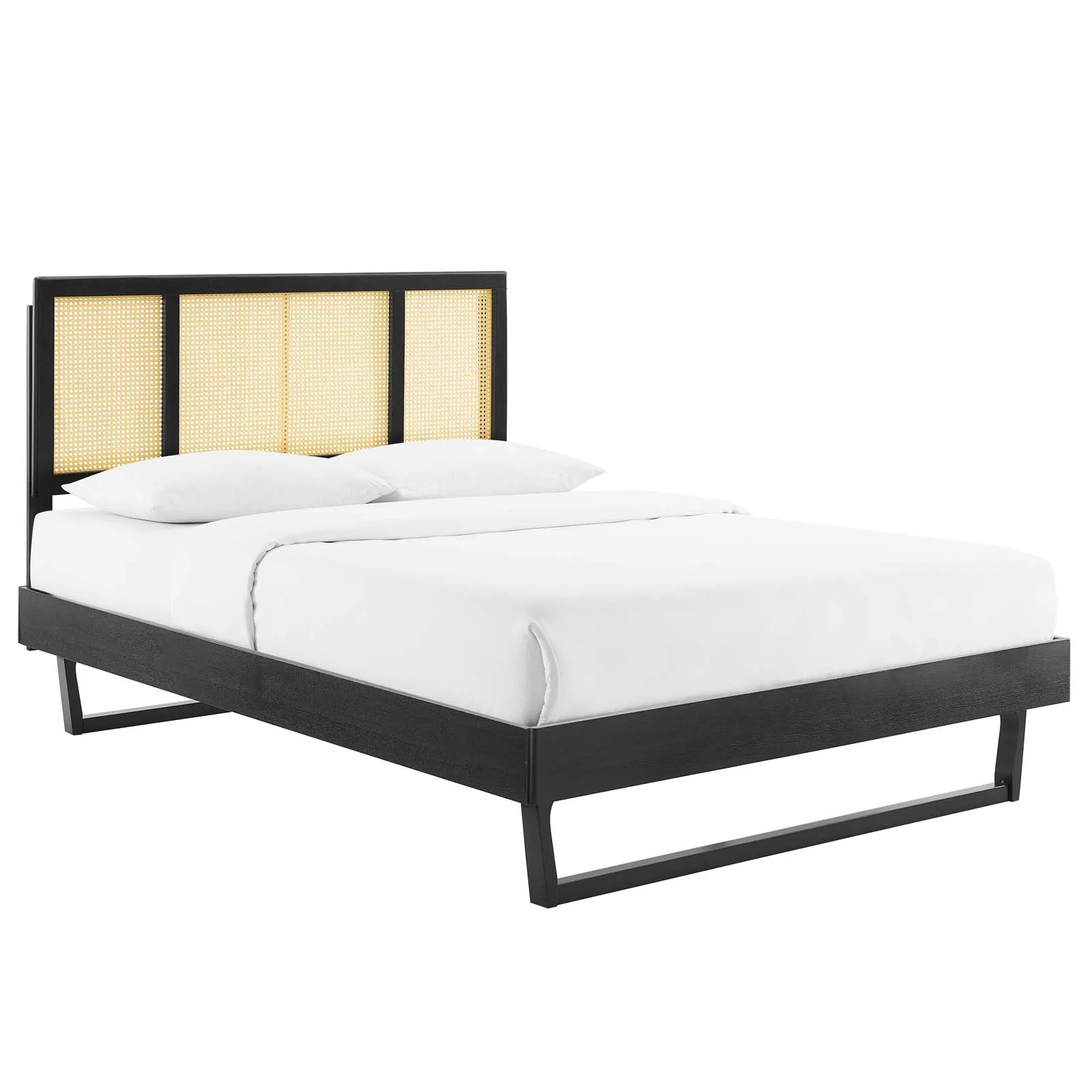 Kelsea Cane and Wood Full Platform Bed With Angular Legs