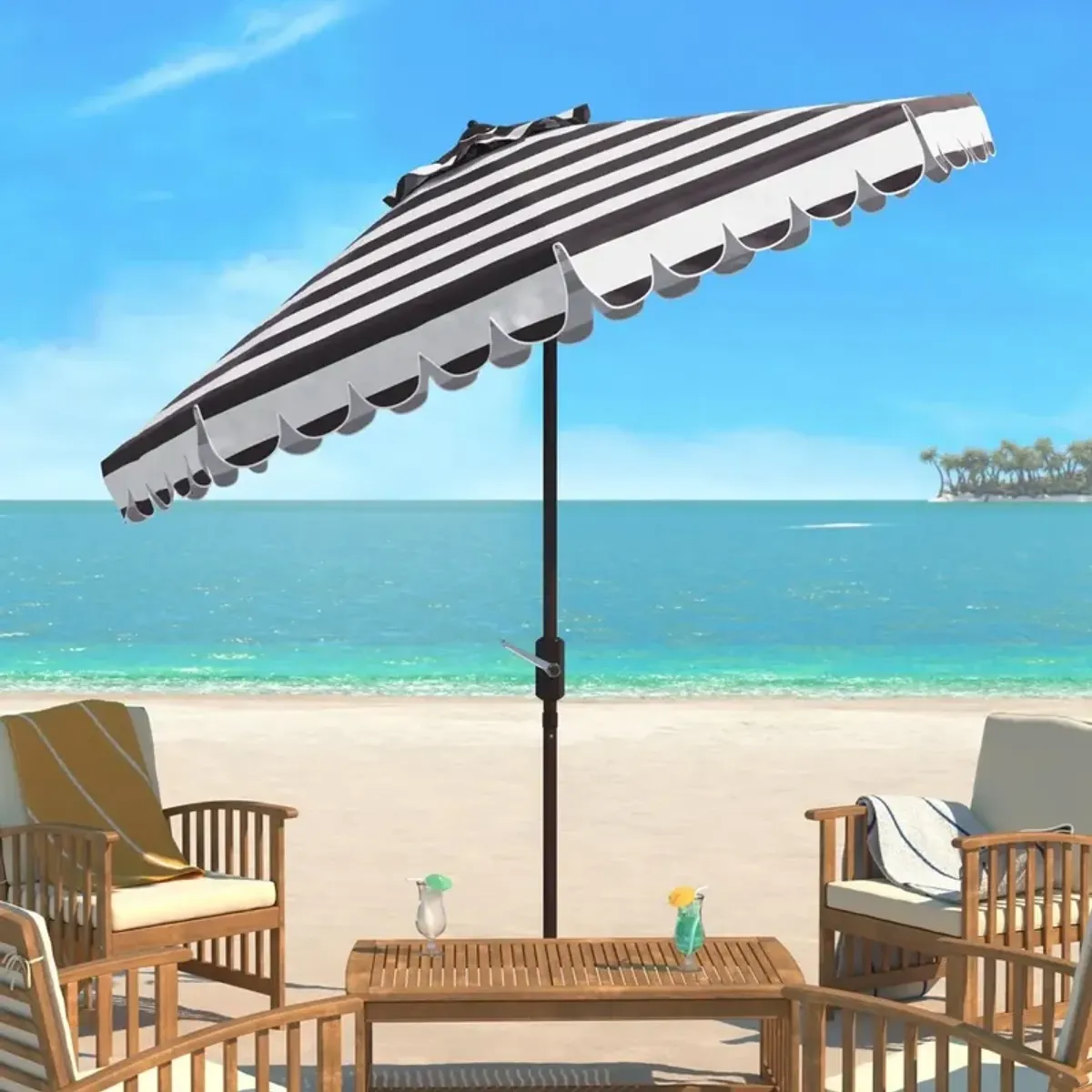 Maui Single Scallop Striped 9ft Crank Push Button Tilt Umbrella