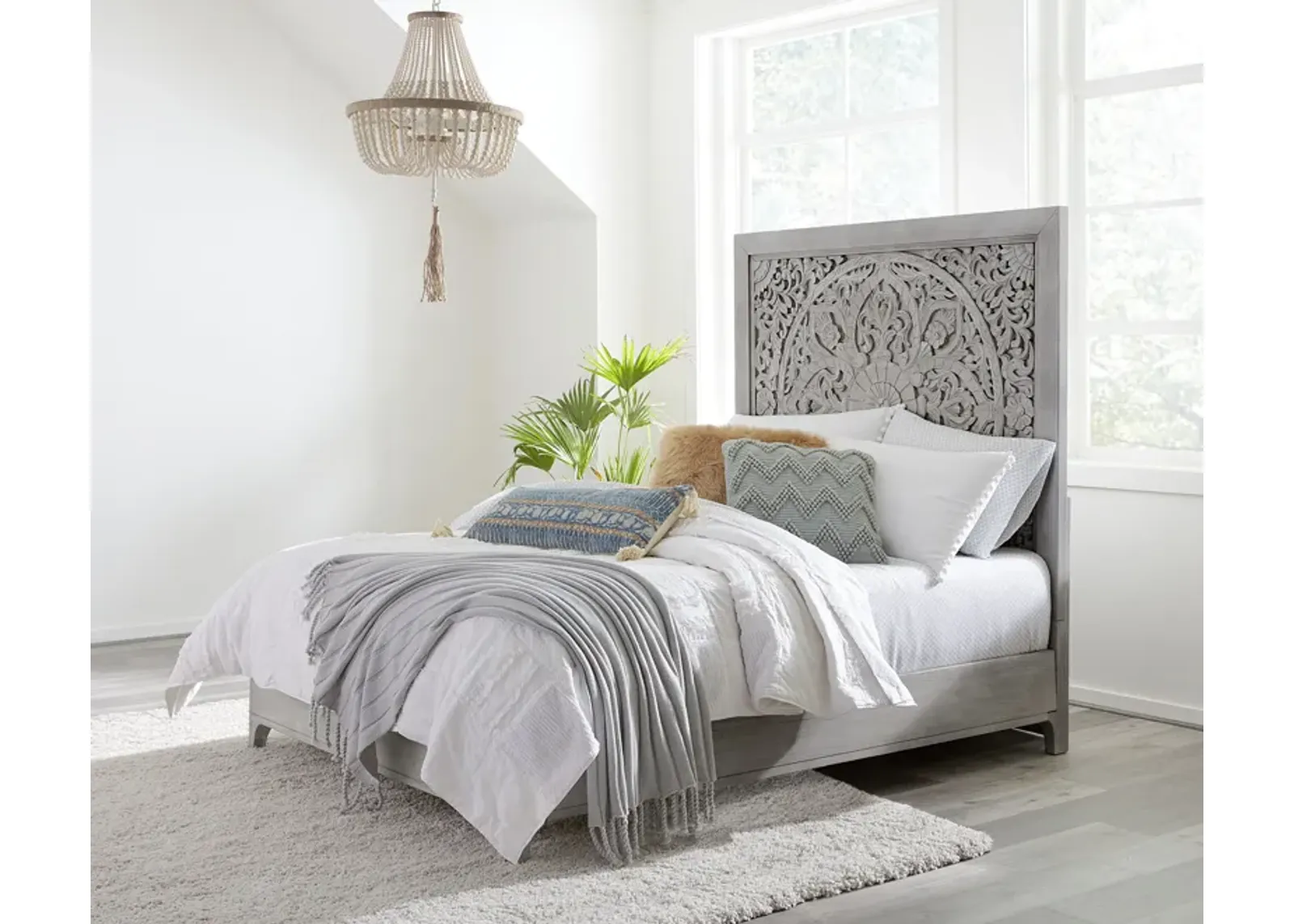 Boho Chic California King-Size Bed in Washed White