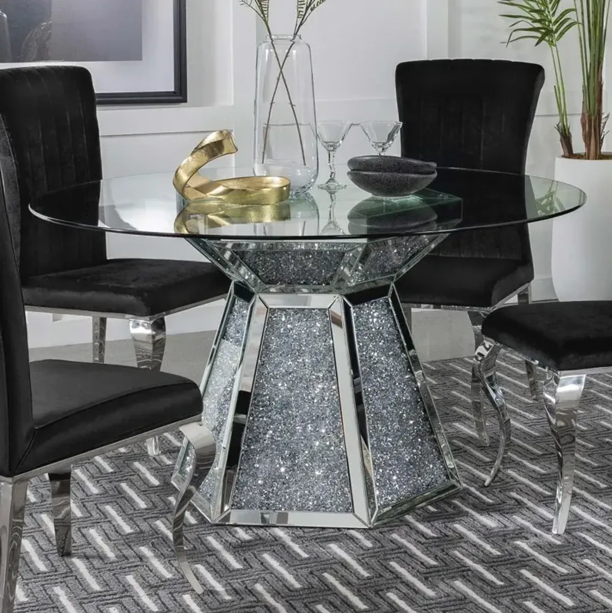 Quinn Hexagon Pedestal Glass Top Dining Table Mirror