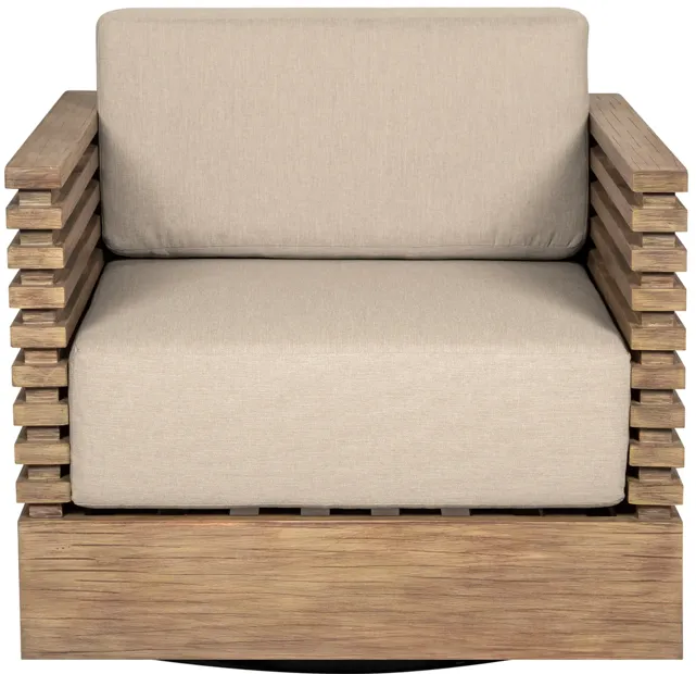 Vivid Swivel Outdoor Patio Chair in Light Eucalyptus Wood with Taupe Olefin Cushions