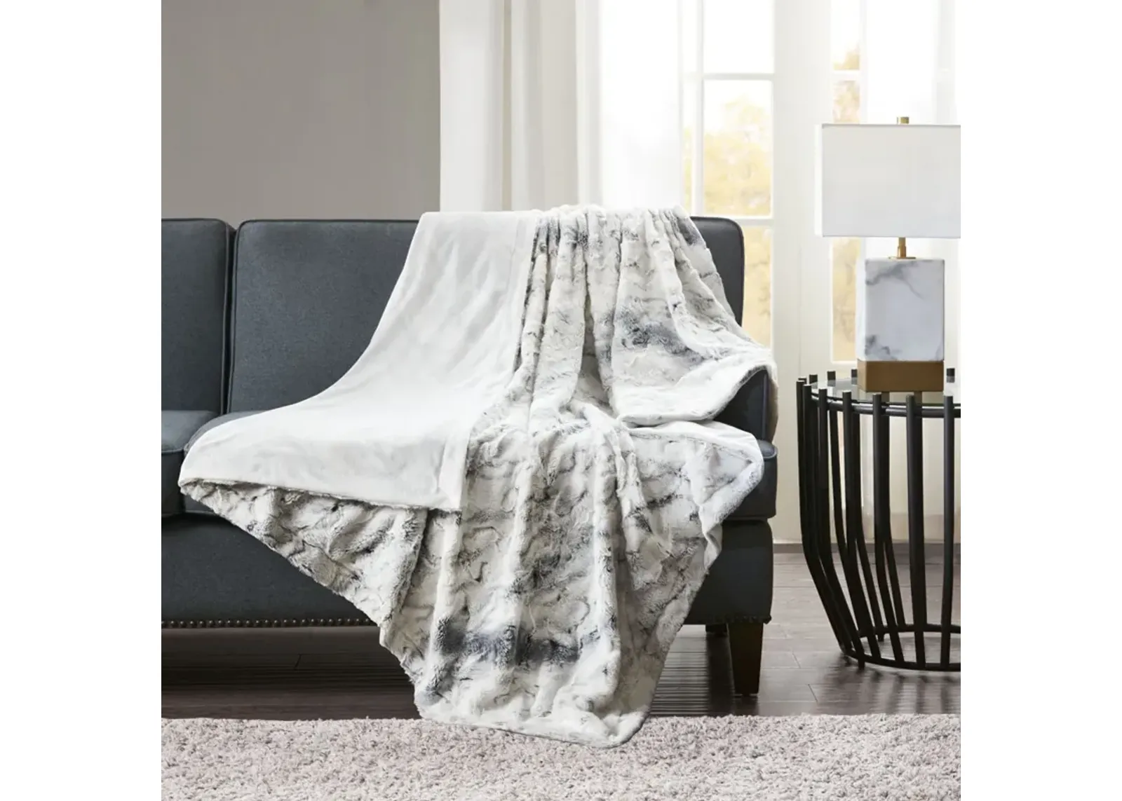 Madison Park Sachi Grey Oversized Faux Fur Throw