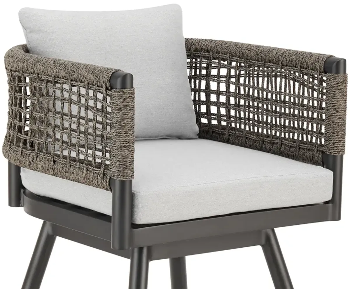 Alegria Outdoor Patio Swivel Counter Stool in Aluminum with Gray Rope and Light Gray Cushions