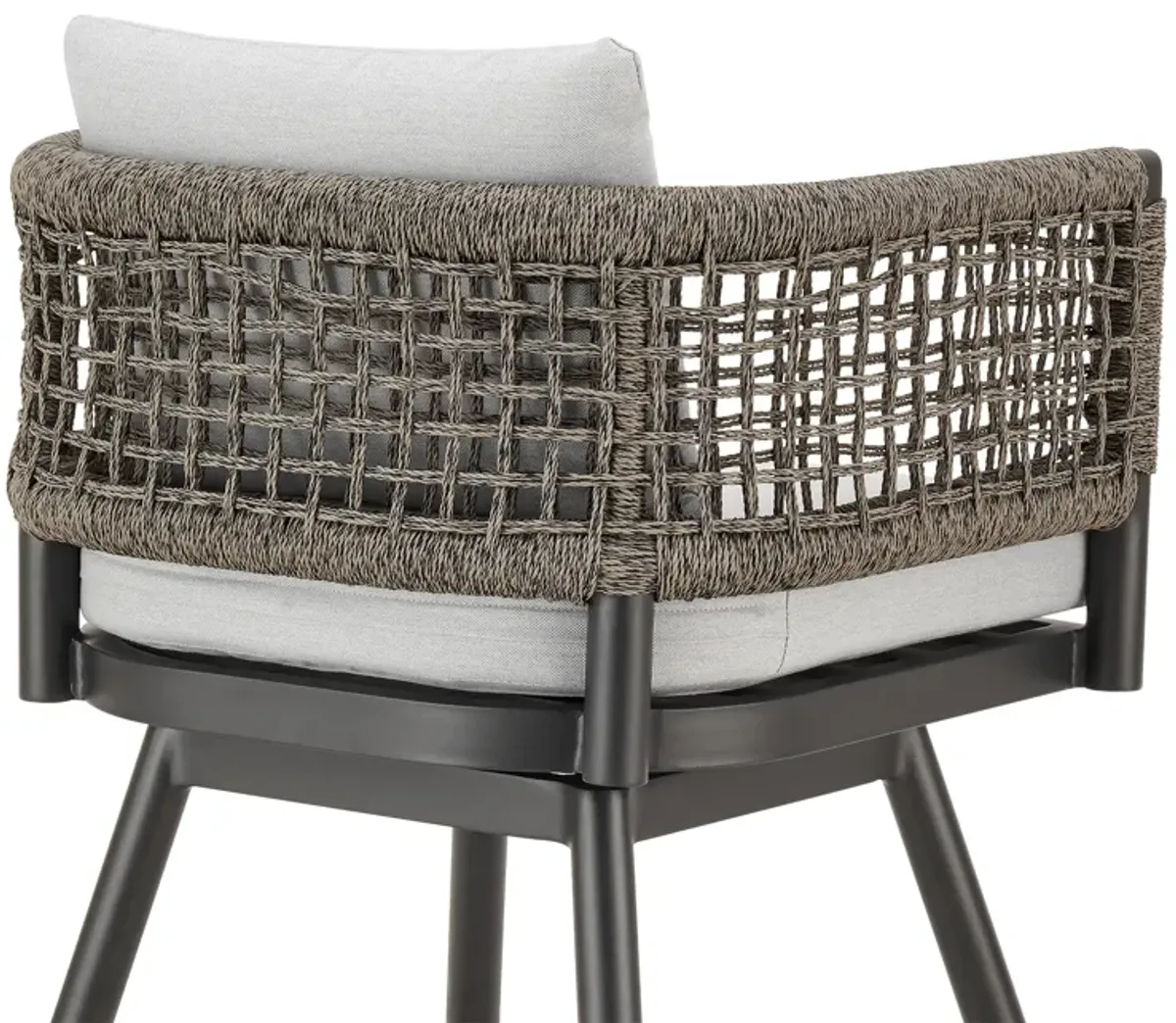 Alegria Outdoor Patio Swivel Counter Stool in Aluminum with Gray Rope and Light Gray Cushions