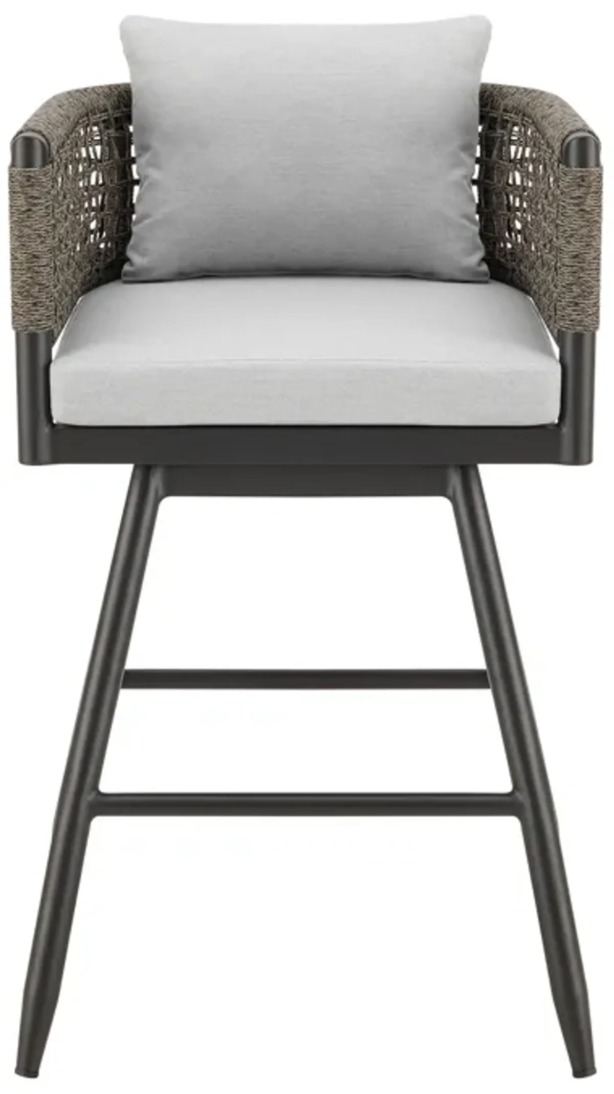 Alegria Outdoor Patio Swivel Counter Stool in Aluminum with Gray Rope and Light Gray Cushions