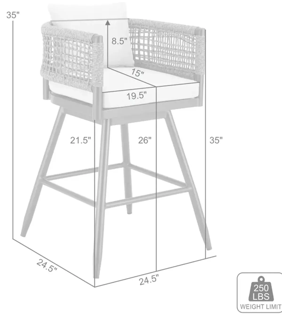 Alegria Outdoor Patio Swivel Counter Stool in Aluminum with Gray Rope and Light Gray Cushions