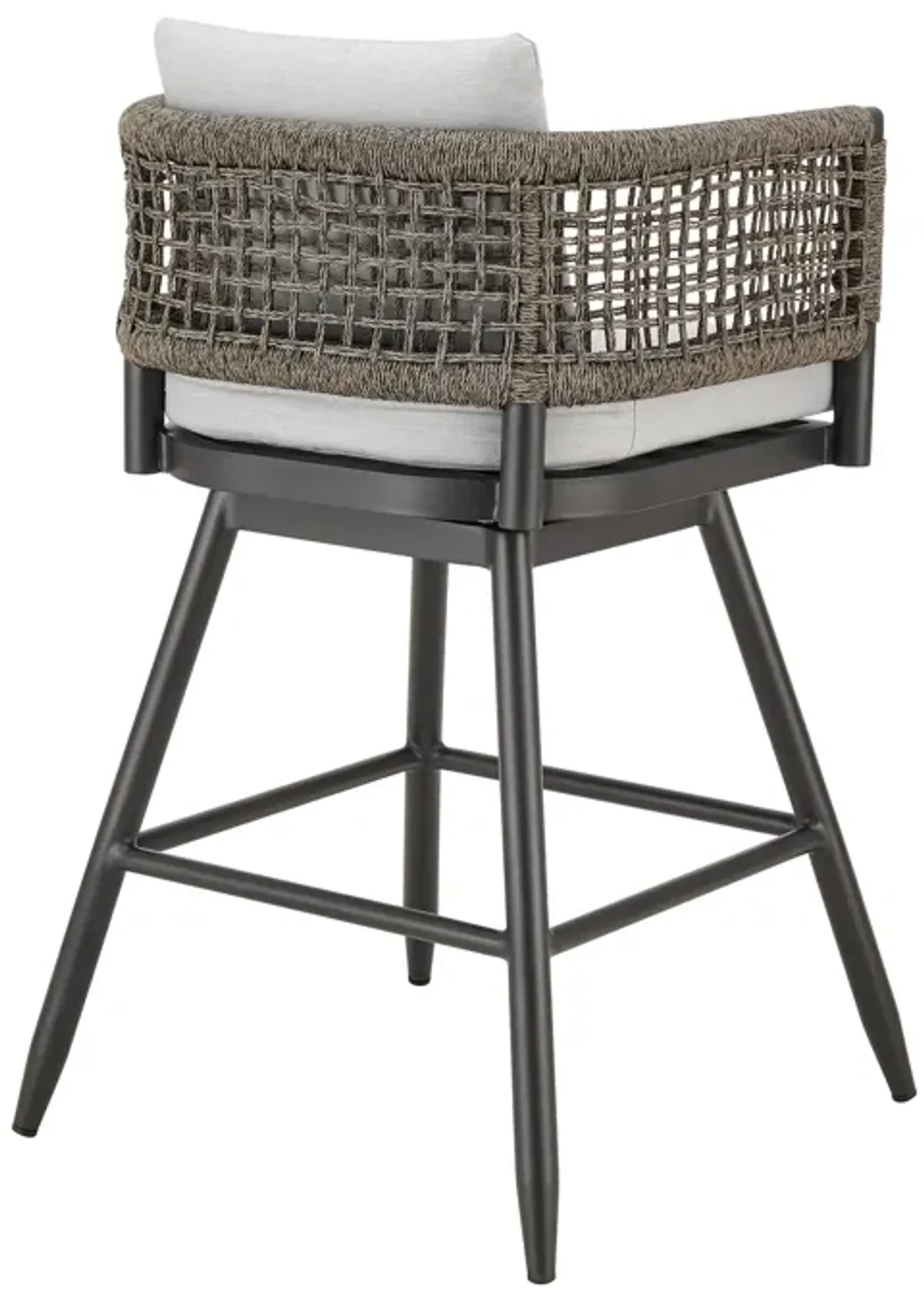 Alegria Outdoor Patio Swivel Counter Stool in Aluminum with Gray Rope and Light Gray Cushions