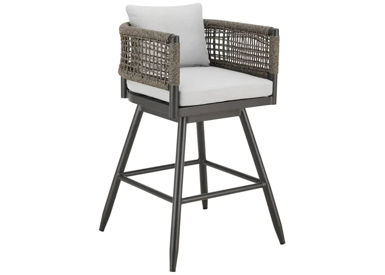 Alegria Outdoor Patio Swivel Counter Stool in Aluminum with Gray Rope and Light Gray Cushions