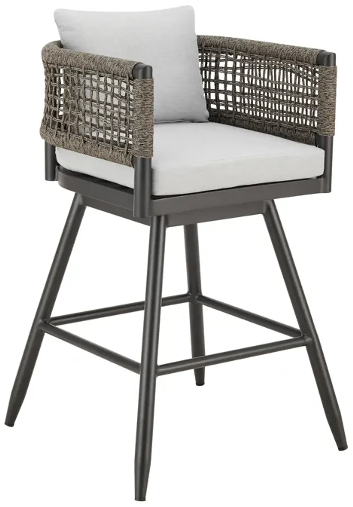 Alegria Outdoor Patio Swivel Counter Stool in Aluminum with Gray Rope and Light Gray Cushions