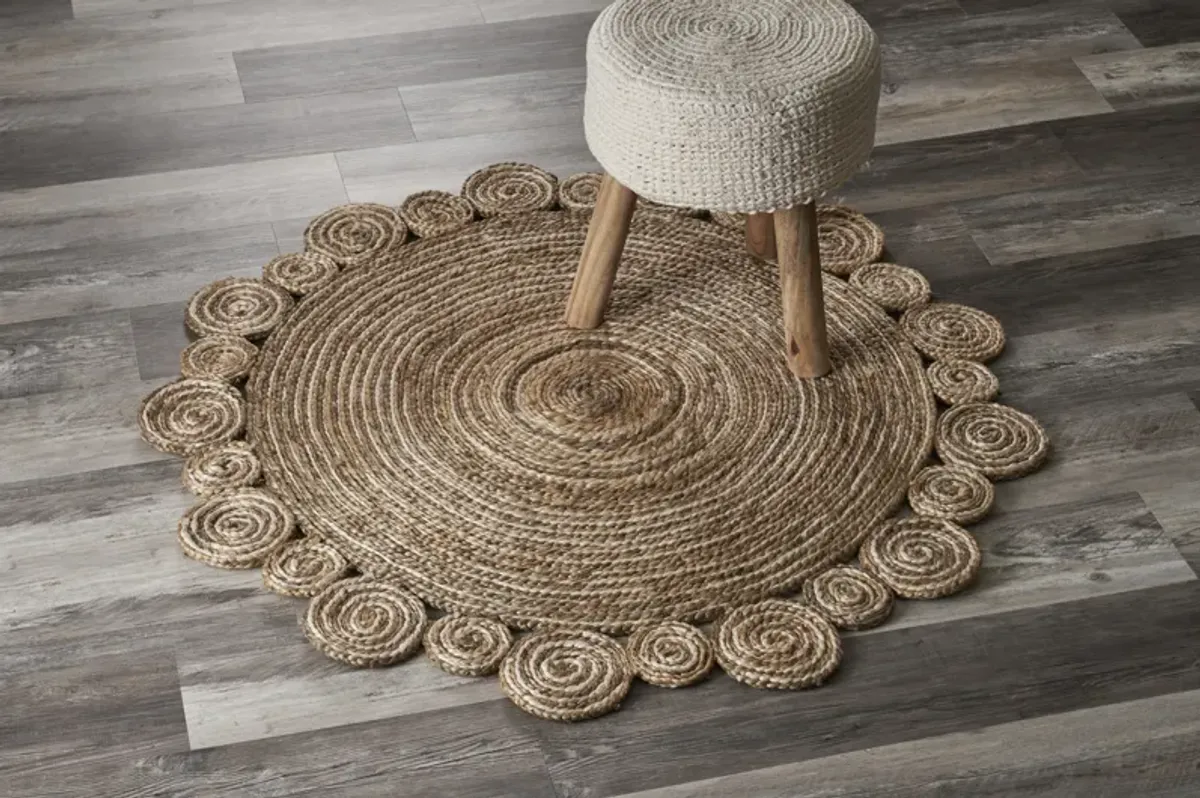 Nature Tan/ Ivory Contemporary Striped Organic Jute Indoor Round Area Rug 7'6"