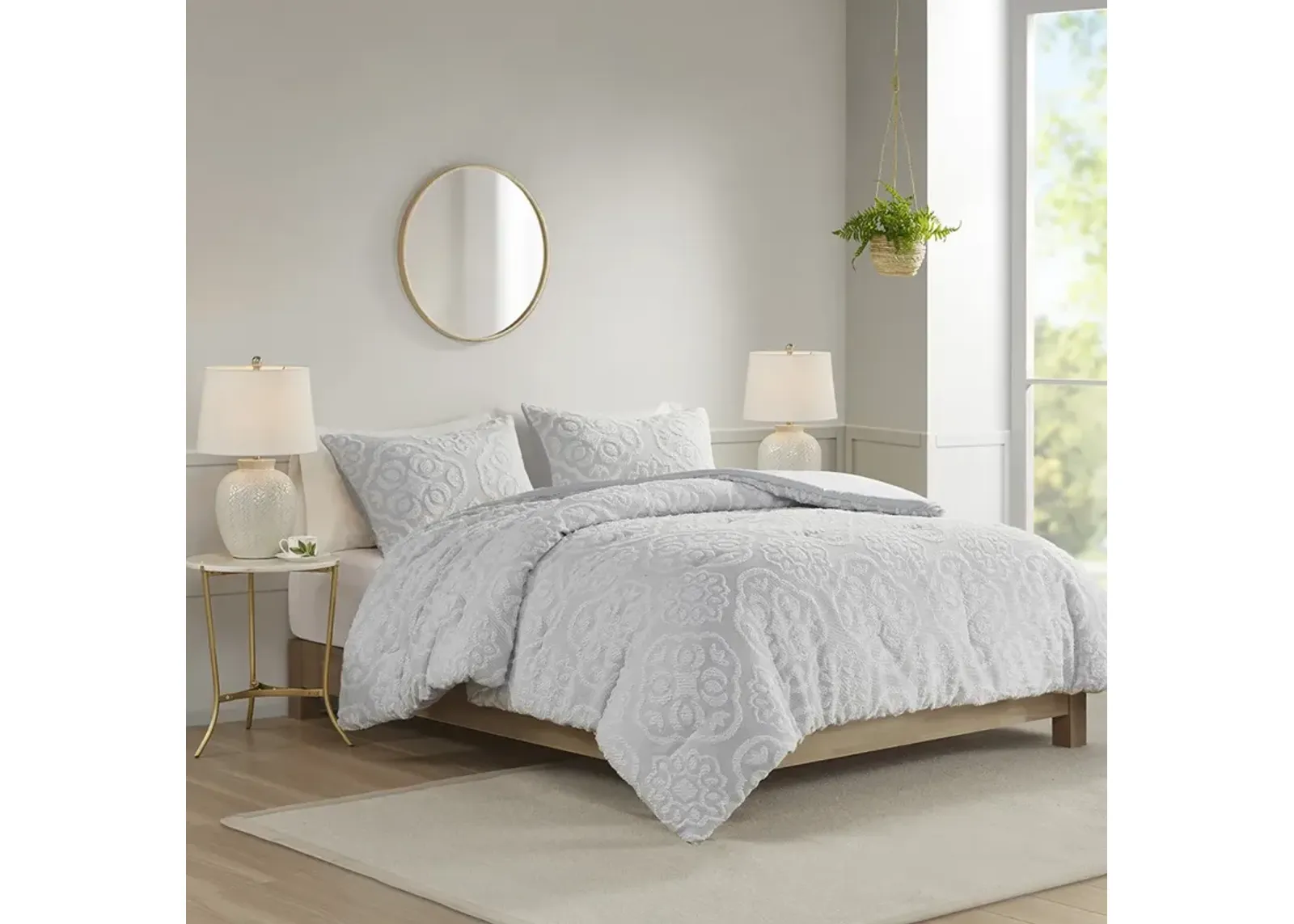 Madison Park Everly Grey/White 3 Piece Tufted Woven Medallion Comforter Set