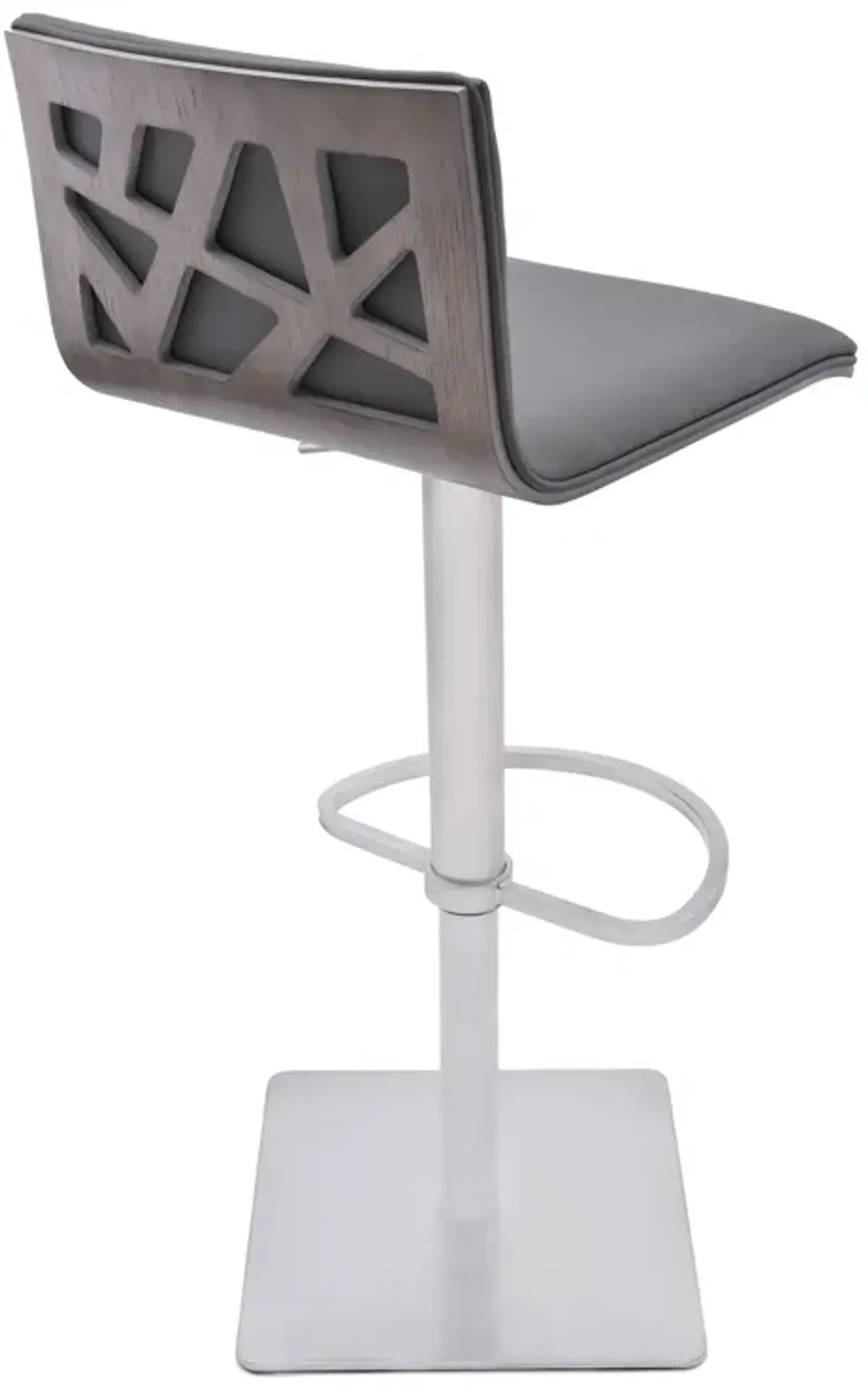 Crystal Adjustable Height Swivel Grey Faux Leather and Grey Walnut Bar Stool with Brushed Stainless Steel Base