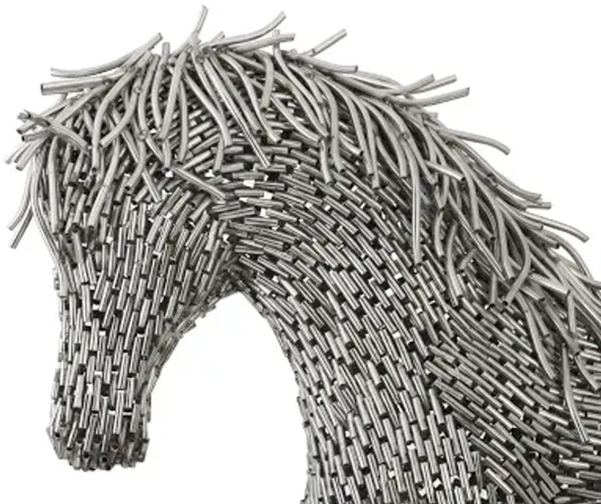 horse pipe sculpture, walking, stainless steel