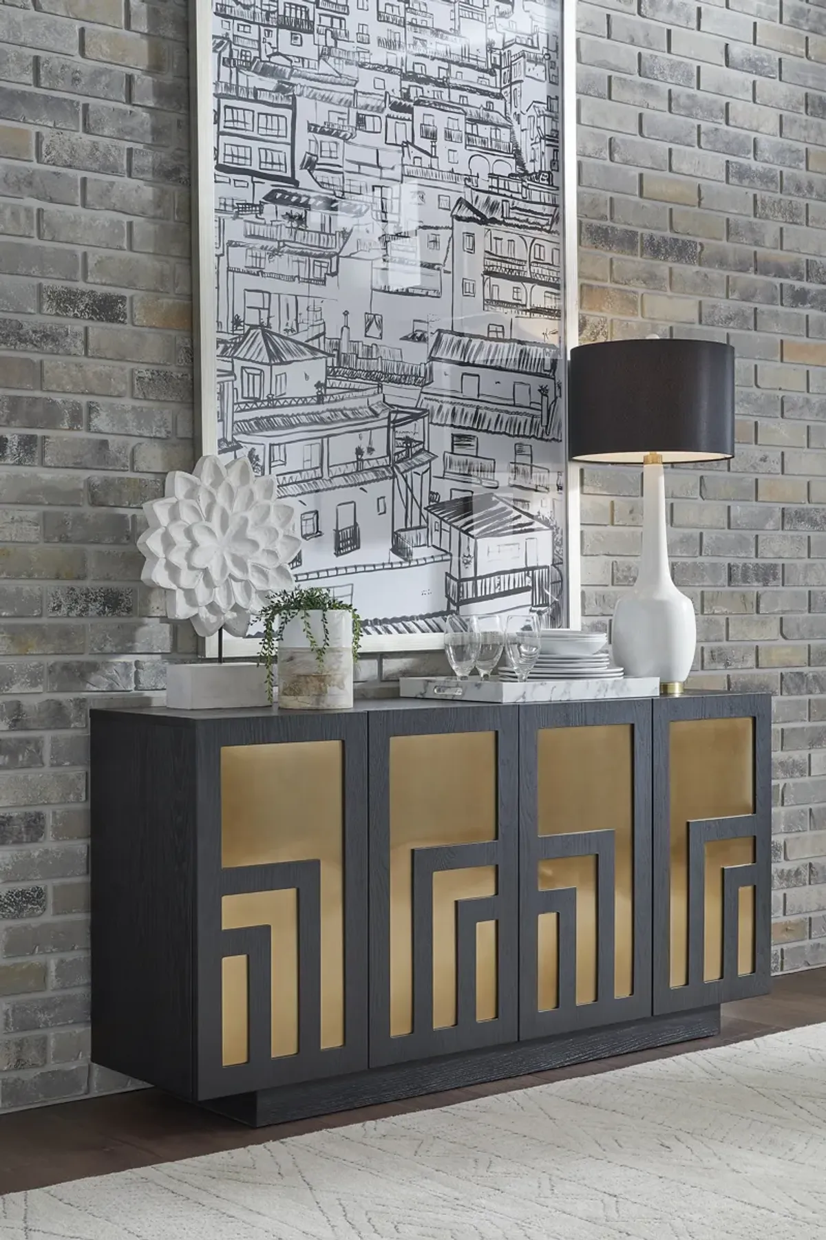 Doheny Wood and Metal  Two Door Sideboard in Black and Brass