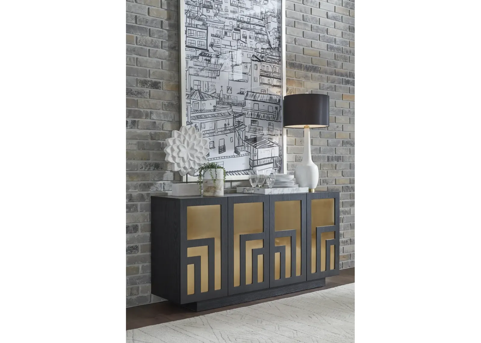 Doheny Wood and Metal  Two Door Sideboard in Black and Brass