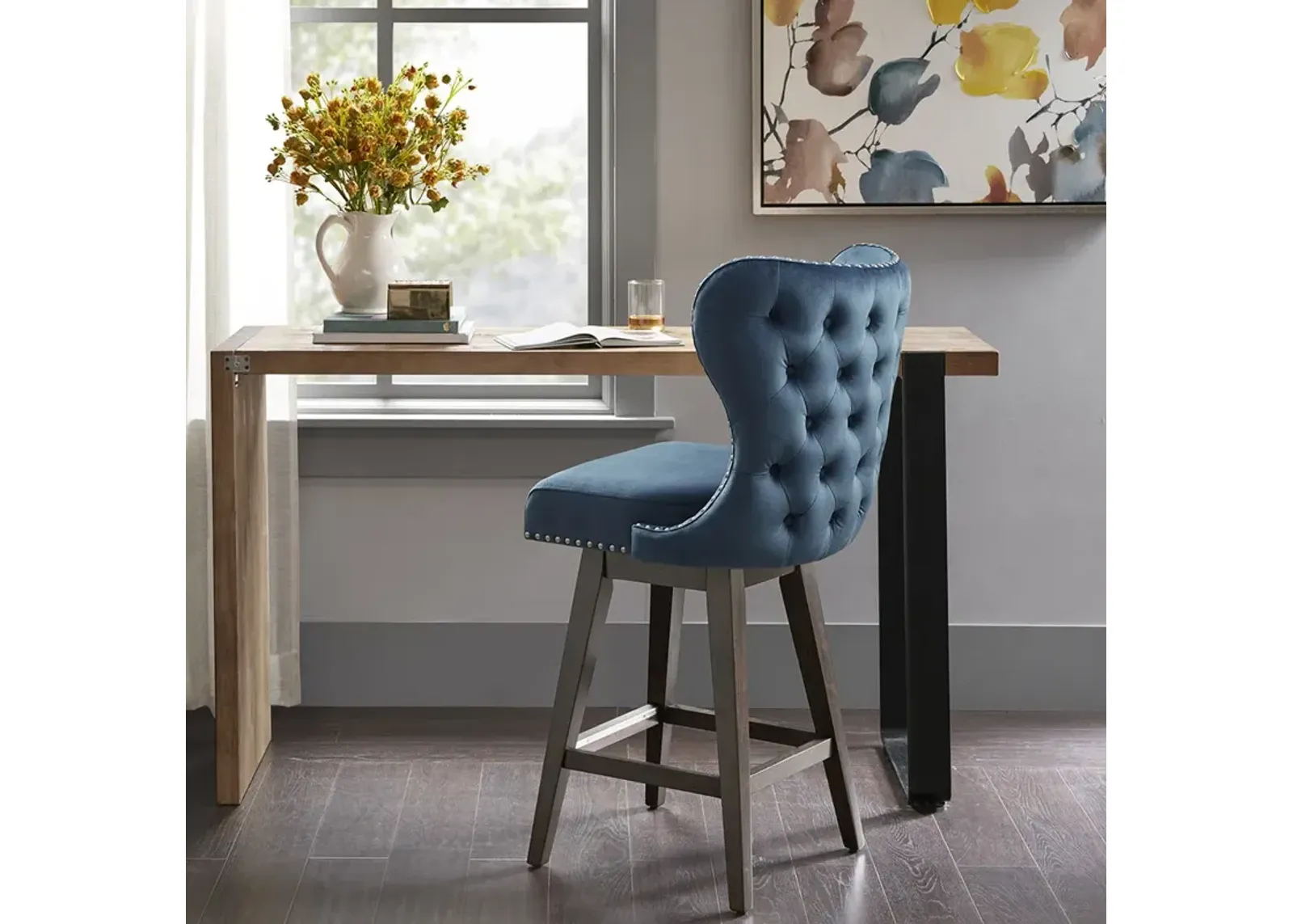 Madison Park Hancock Dark Blue High Wingback Button Tufted Upholstered 27" Swivel Counter Stool with Nailhead Accent