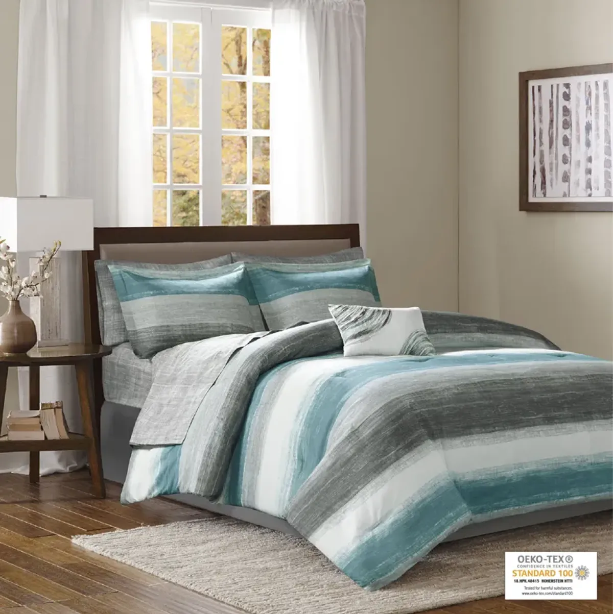 Madison Park Essentials Saben Aqua 7 Piece Comforter Set with Cotton Bed Sheets